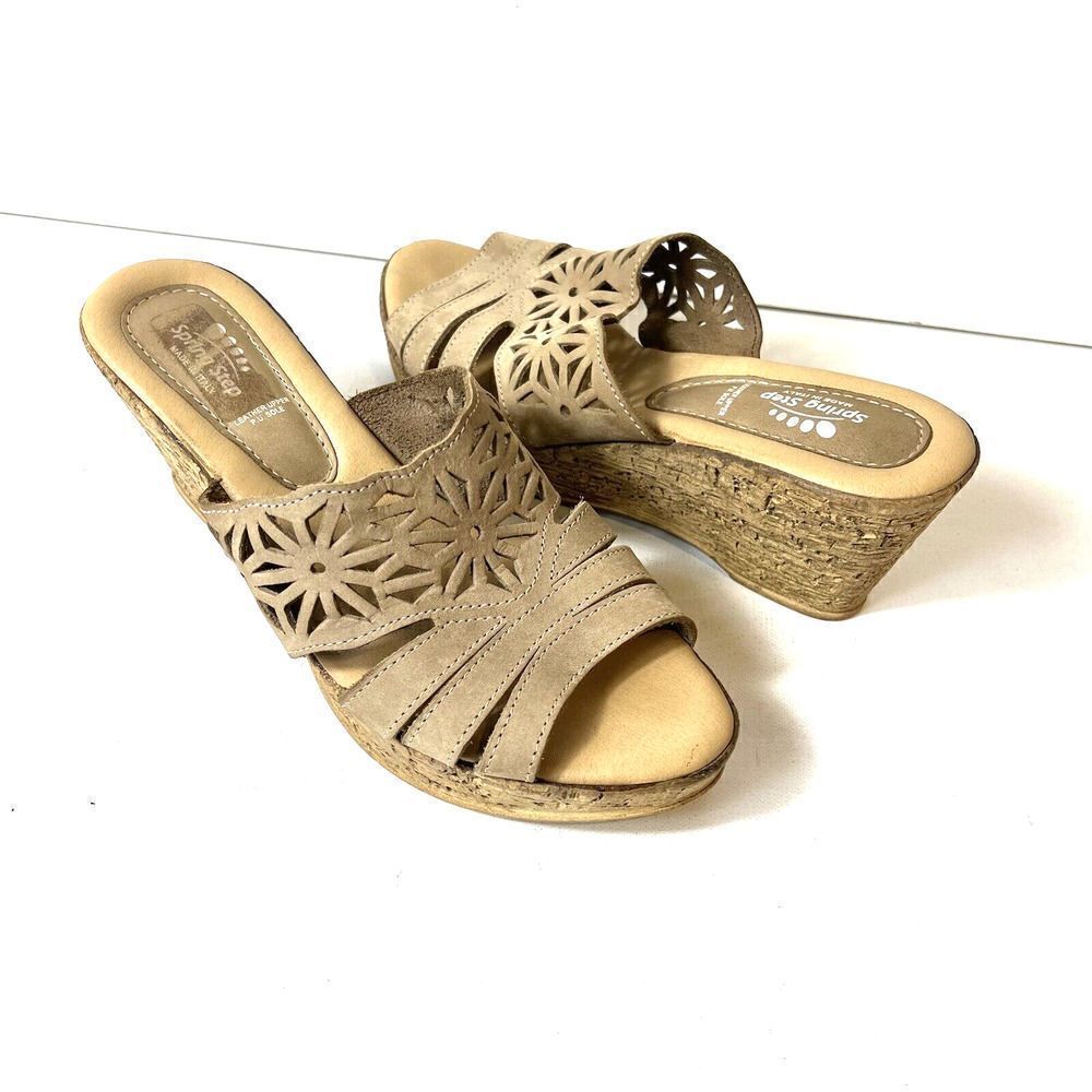Spring Step Sandals Womens EU 41 US 10.5 Wedge Tan Cutout Leather Casual Slip On
